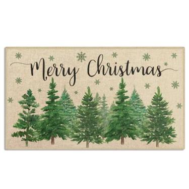 Imagem de Arttown Tapete de porta de Natal ao ar livre Feliz Natal verde floco de neve pinheiro interior frontalho entrada antiderrapante absorvente resistente à sujeira tapete para entrada 43 x 76 centímetros