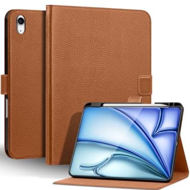 Imagem de Thryxop Capa de couro genuíno para iPad Air 11 polegadas M3 2025/M2 2024, 5ª/4ª geração 11 polegadas | com suporte para lápis e suporte ajustável, fecho magnético, capa automática para despertar