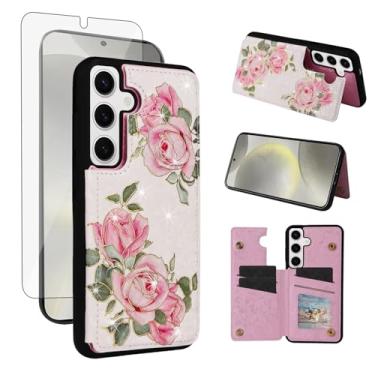 Imagem de Asuwish Capa de telefone para Samsung Galaxy S25 5G carteira celular com protetor de tela de vidro temperado flor luxuosa porta-cartão de crédito suporte suporte S 25 25S 25 25S SM-S931U mulheres