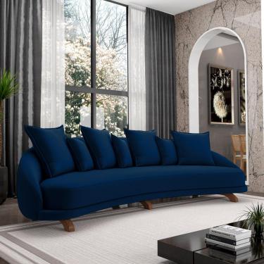 Imagem de Sofá Living 3 Lugares 265cm Pés Madeira Morales com Almofadas Veludo Azul Marinho G52 - Gran Belo