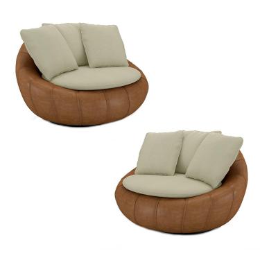 Imagem de Kit 2 Poltronas Giratória Sala de Estar com Almofadas Afrodite Bege Caramelo Manchado Linho/PU G45 - Gran Belo