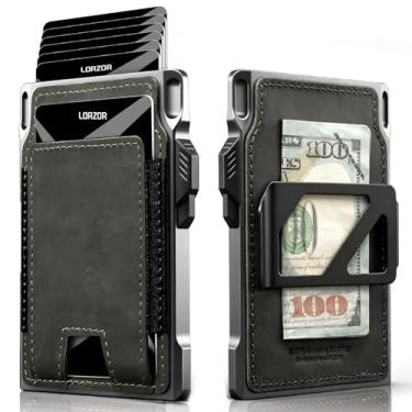 Imagem de LORZOR Carteira tática fina - carteira minimalista para homens, couro de flor integral, porta-cartão de alumínio, carteira com bolso frontal RFID, capa para cartão pop-up inteligente, capacidade para