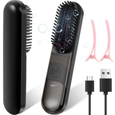 Imagem de DJAPWPX Escova alisadora de cabelo, 3 configurações de temperatura, antiqueimadura, íons negativos, aquecimento de cerâmica, pente alisador de cabelo sem fio com 2 clipes, portátil para viagens (preto