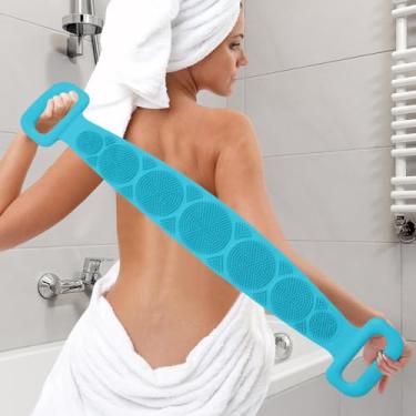 Imagem de 1 escova esfoliante para as costas com alças, esfoliante de silicone nas costas, escova de banho de cabo longo para homens e mulheres, verde