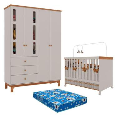 Imagem de Berço Americano Mini Cama E Guarda Roupa Infantil Antonella 4 Portas Off White Caramelo Colchão
