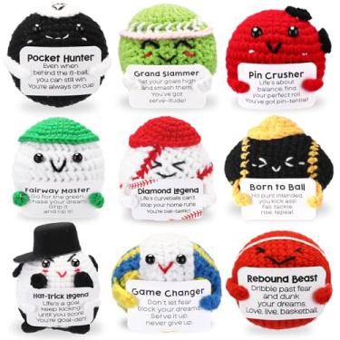 Imagem de VioraWhite 9 peças de bolas esportivas positivas de crochê com cartões inspiradores, mini presentes de agradecimento de funcionários, bonecos, bonecos, de malha positivas, para mulheres, colegas de
