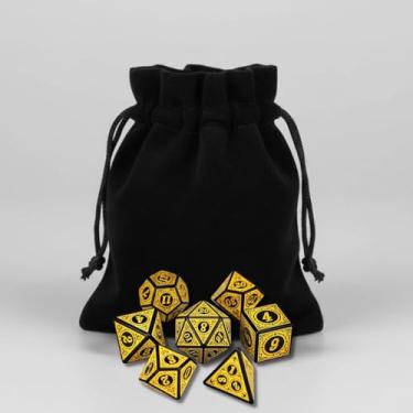 Imagem de Kit 7 Dados Rpg Amarelo Runas D&d Boardgames Jogos de Mesa D4 D6 D8 D10 D10% D12 D20 + Bolsa de Veludo