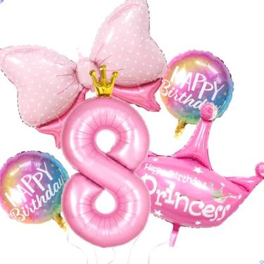 Imagem de Princesas 8 balões de aniversário suprimentos de festa, hélio grande 101,6 cm arco de coroa de folha 8º festa decoração de balões para meninas princesa 8 anos de idade decorações de aniversário