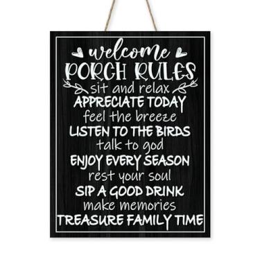 Imagem de Bolisom Welcome Porch Rules Placa para a porta da frente, preto, vintage, cabide de madeira para sentar e relaxar, decoração de casa, guirlanda de madeira para casa de fazenda, decoração de parede