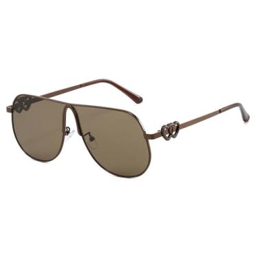 Imagem de Óculos de Sol Femininos com Estampa de Coração Refletivo, Armação Grande, Marrom, 13,7cm