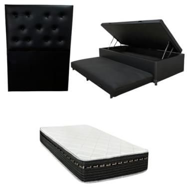 Imagem de Cama Box Baú Solteiro com Auxiliar (Bicama) + Colchão Eagle Molas Bonnel 22cm | Kit Completo com Cabeceira Botonê Opcional | Diversas Cores (3, CORINO PRETO, COM CABECEIRA)