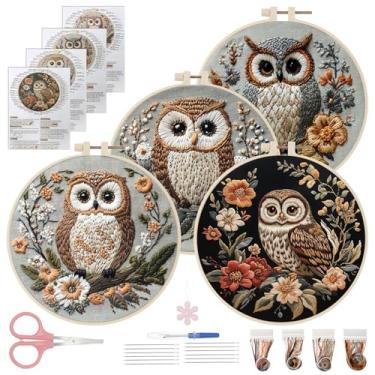 Imagem de 4 conjuntos de kit de bordado de coruja para iniciantes e adultos, kit de prática de pontos de bordado à mão de 18 cm, kits de ponto cruz, artesanato para amantes de artesanato, ponto à mão com