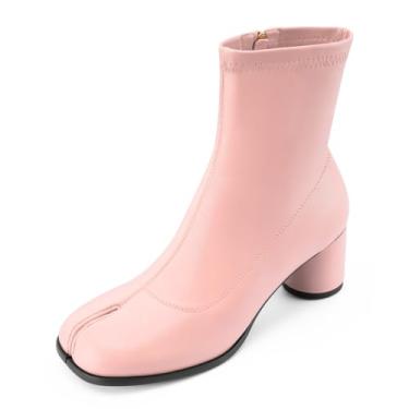 Imagem de Perisis Botas femininas Tabi, bico dividido, cano baixo, salto baixo, salto bloco, sapatos ninja japoneses, couro artificial, grosso, elástico, bota curta para mulheres confortáveis, Rosa bebê, 39