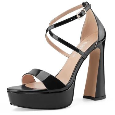 Imagem de Sandálias femininas de salto alto grosso, plataforma aberta, peep toe, tira no tornozelo, salto com tiras e fivela de tira cruzada única para mulheres, casamento sexy, 12 cm, Patente preta, 41