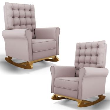 Imagem de Kit 02 Poltronas De Amamentação Base Madeira Balanço Brenda G05 Veludo Rosê - Mpozenato