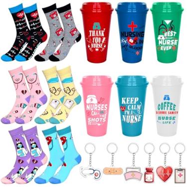 Imagem de Jiytivity 18 peças presentes de agradecimento de enfermeiras para mulheres incluem 6 copos de plástico a granel 6 meias 6 chaveiro de agradecimento para enfermeiras semana graduação