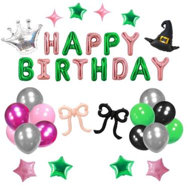 Imagem de Kit de decoração de balões de festa de bruxa, letras de feliz aniversário, balões rosa e verde, coroa chapéu de bruxa, laços, suprimentos de festa