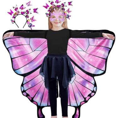 Imagem de D.Q.Z Fantasia De Fada Dupla Face Com Asas Borboleta Para Meninas, Infantil Halloween, Máscara E Faixa Cabeça Como Presente (Rosa Estrelado)
