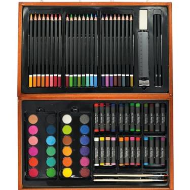 Imagem de ANGELS CRAFT Conjunto de luxo artístico de 80 peças - Materiais de arte em caixa de madeira para artistas de todos os níveis - Inclui 24 pastéis a óleo, 24 lápis de cor, 24 aquarelas, 2 pincéis e mais