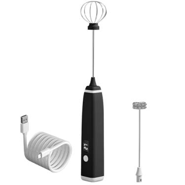 Imagem de Espumador de leite recarregável, batedor de espuma portátil para café e matcha, velocidade ajustável, visor LED, carregamento USB tipo C, preto