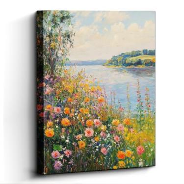 Imagem de WOXZQ Arte de parede colorida Wildflower Field by the Lake – Impressão em papel laminado sem moldura de 30 x 38 cm – Pintura floral de paisagem para decoração de casa – mesa e exibição suspensa