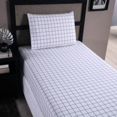 Imagem de Jogo de Lençol Grid em Percal 200 Fios, 2 Peças para Solteiro, Estampa Quadriculada, com Lençol Elástico e Fronha (Cinza Claro)