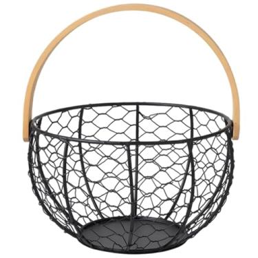 Imagem de Cesta decorativa de ovos de frutas preta com alça de madeira para coletar jardinagem cozinha grande resistente