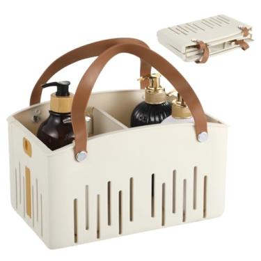 Imagem de OMISTAR Organizador de chuveiro portátil, cesta de banho de plástico com alça, 28 x 18 x 16,5 cm, design dobrável, cor creme, organizador de armazenamento de banheiro para dormitório, academia