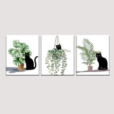 Imagem de VVJSZHJ Arte de parede de gato preto com planta verde impressões estéticas pinturas de decoração de parede para sala de estar quarto banheiro (gato e planta, 30,5 x 40,6 cm x 3, tela embrulhada)