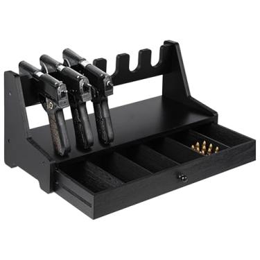 Imagem de Suporte de arma de madeira rústica com 6 compartimentos e gaveta de armazenamento – Organizador de armário com suporte de pistola de 43 x 21,5 cm x 21,6 cm para exibição de sala segura ou prateleira