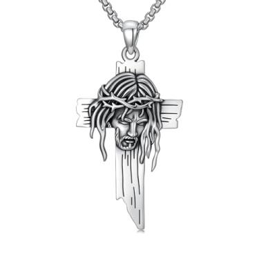 Imagem de Lattd Colar com cruz de Jesus prata esterlina 925, pingente de cruz cristã, joias religiosas, presentes para homens e mulheres, com corrente de aço inoxidável 56 cm + 5 cm