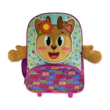 Imagem de Mochila Infantil Escolar com Rodinha, Desenho de Rena, Rosa e Roxo, com Bolso Frontal e Detalhes Decorativos para Crianças