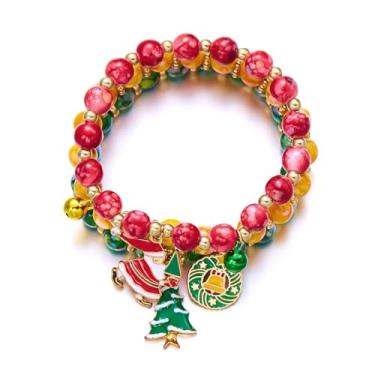 Imagem de 3 peças de pulseiras de Natal para mulheres, liga de argila de polímero, Papai Noel, pulseira elástica com contas fofas, acessórios de berloque, One Size, Argila de polímero, Sem Pedra Preciosa