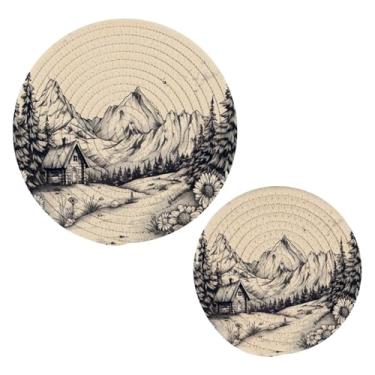 Imagem de Blueangle 2 peças de suporte de panela para paisagem alpina - conjunto de pegadores de panela de tecido redondo - almofadas quentes trançadas de algodão - porta-copos - tapetes de mesa para cozinhar e