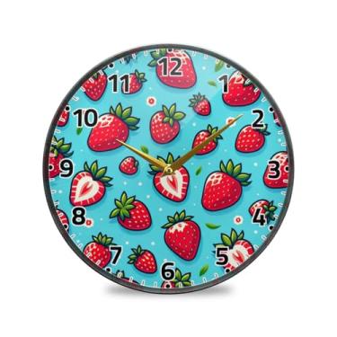 Imagem de WELLDAY Relógio de parede sem tique-taque 30,5 cm - lindo relógio redondo silencioso de quartzo operado por bateria azul morango para casa/escritório/cozinha/sala de aula