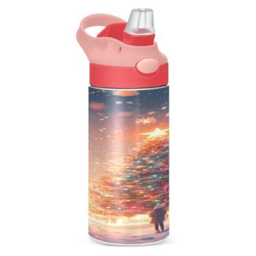 Imagem de YETTASBIN Garrafa de água de árvore de Natal para crianças, 340 g, à prova de vazamento, parede dupla, isolada, copo de viagem com tampa de canudo para meninas, meninos e crianças