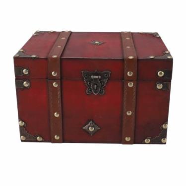 Imagem de Caixa de armazenamento de madeira vintage, baú de tesouro decorativo antigo, grande capacidade, organizador de joias com chave segura para decoração de escritório doméstico, liga (Fechadura