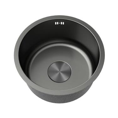 Imagem de PVXMQFFA Pias pequenas de aço inoxidável 304, mini pia de cozinha redonda, pia de tigela única, pia de nano caravana preta com transbordamento para trailer, bar, restaurante, montagem inferior e