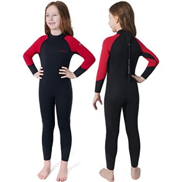 Imagem de Dark Lightning Roupa de mergulho infantil de 3/2 mm para meninos e meninas, roupa de banho térmica de neoprene, roupa de banho de uma peça para bebês/juvenis para mergulho e mergulho (tamanho infantil 16, vermelho)