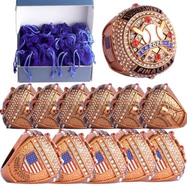 Imagem de TOPSPORTSJEWELRY Pacote com 12 peças de anel de troféu de beisebol para troféu de troféu de campeão de torneio palyers troféu na lateral tamanho 9,5 (12 peças bronze 2026 no finalista)