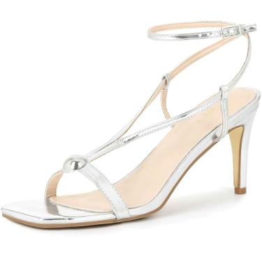 Imagem de Perphy Sandália feminina de bico quadrado com salto agulha e tira no tornozelo, Prata, 36