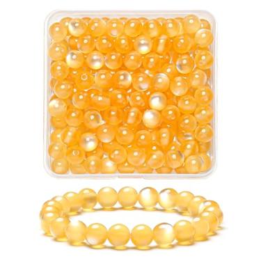 Imagem de 100 peças de contas de olho de gato lisas naturais âmbar claro de 8 mm, contas redondas soltas de pedra preciosa para fabricação de joias com cordão elástico de cristal (cor 2)