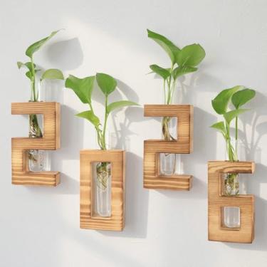 Imagem de Vaso de parede em forma de 2026, vaso de parede de madeira para plantas de interior e flores secas, propagação para pendurar na parede com 4 tubos de vidro para porta de sala de estar