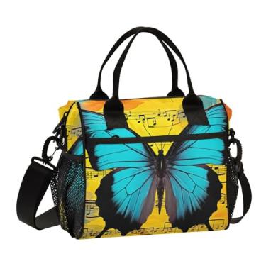 Imagem de GAIGEO Butterfly Sitting on Sheet Music Lancheira isolada com alças, lancheira com alça de ombro, lancheira de viagem, P