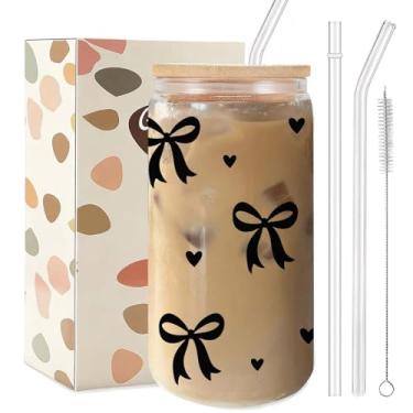 Imagem de TAGDANK Copo de vidro Black Bow Hearts 473 ml, lindo presente de dia dos namorados para meninas com tampa de plástico e canudos, copo estético para melhor amiga presente do dia de Galentine