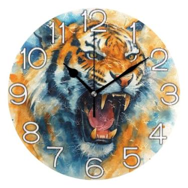 Imagem de Relógio de parede analógico decorativo operado por bateria relógio de escritório cozinha, decoração de parede vintage cabeça de tigre aquarela colorido, 25 cm, ponteiros pretos