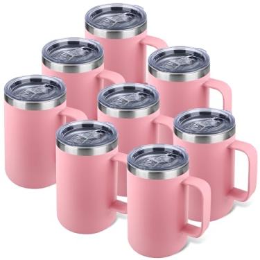 Imagem de Zynkify Caneca de café isolada de 623 g com alça e tampa à prova de vazamento - Copo de viagem de aço inoxidável de parede dupla a granel para deslocamento/escritório/casa, rosa, pacote com 8