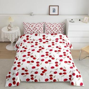 Imagem de jejeloiu Jogo de cama solteiro com estampa de cereja vermelha, para meninos, meninas, adolescentes, fofo, fruta, pêra, branco, respirável, macio, leve, conjunto de edredom de microfibra