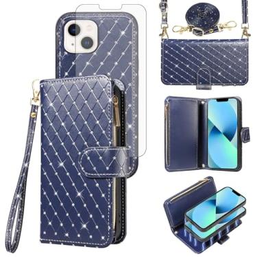 Imagem de Asuwish Capa carteira compatível com iPhone 13 de 6,1 polegadas com zíper para celular e protetor de tela, alça transversal, flip com glitter, porta-cartões, capa para iPhone 13 5G i i-Phone i13