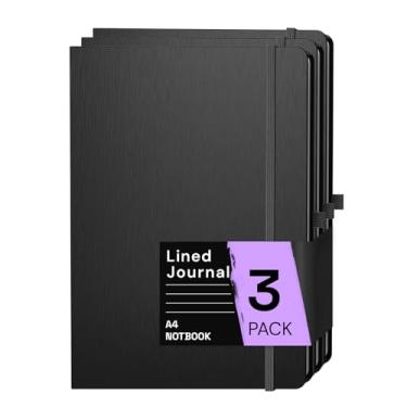 Imagem de ONAVIA Caderno de capa dura forrado papel diário 80GSM pacote com 3 - preto, tamanho A4,